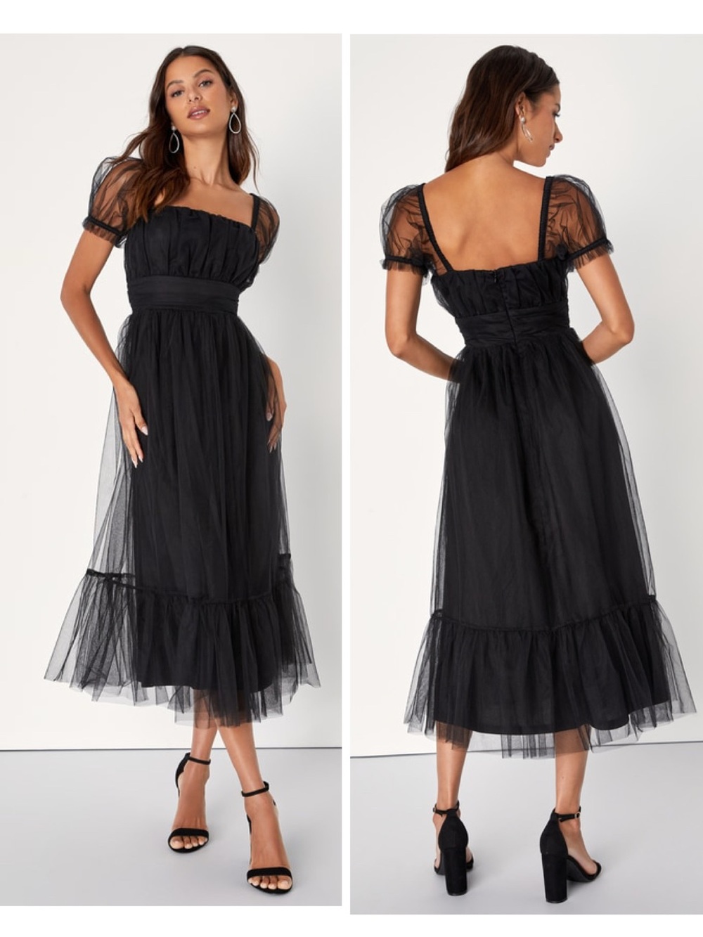 Lulus Flawless Aura Black Tulle Puff Sleeve Ruffled Midi Dress Size XL Formal